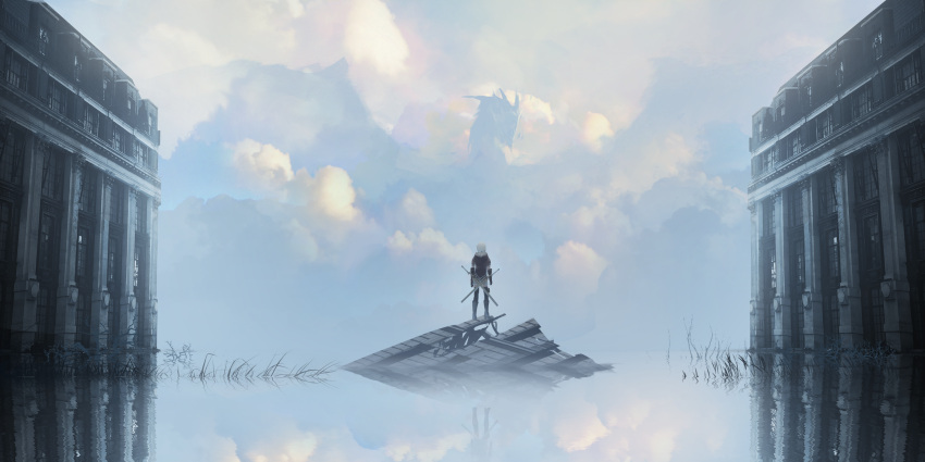 1boy absurdres asuteroid back boots building clouds cloudy_sky dragon fantasy gloves highres original reflection rubble scenery short_hair sky sword water weapon white_hair