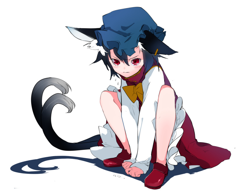 1girl alternate_costume animal_ears arms_between_legs bent_knees black_hair blue_hat blush blush_stickers bow bowtie chen commentary_request hair_between_eyes hat highres ikurauni looking_at_viewer multicolored multicolored_clothes red_eyes red_footwear short_hair solo tail touhou white_background