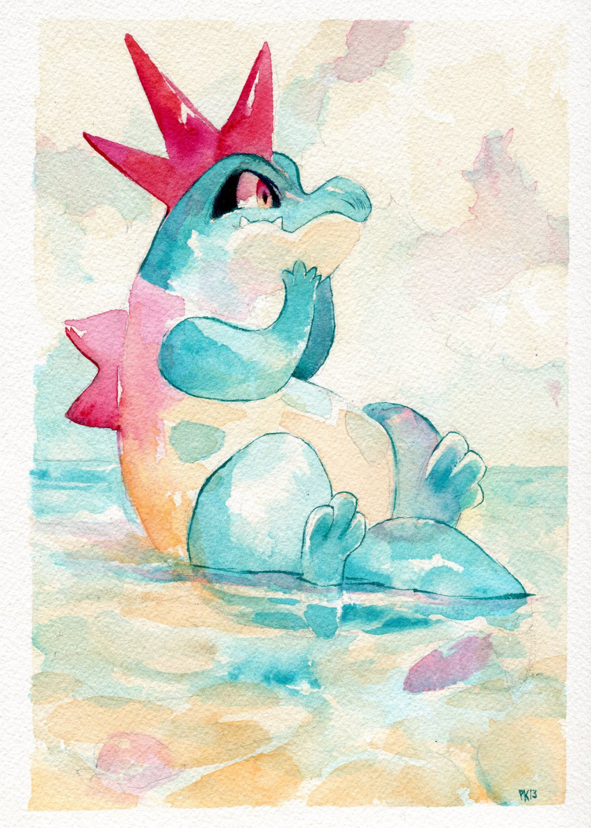 blue_skin creature crocodile crocodilian croconaw fangs glitchedpuppet hands_up highres leaning_back looking_afar looking_to_the_side pokemon pokemon_(creature) pokemon_(game) pokemon_gsc red_eyes signature sitting sitting_on_water traditional_media water watercolor_(medium) white_border