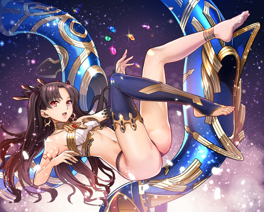 1girl anklet armlet asymmetrical_legwear asymmetrical_sleeves barefoot black_hair black_panties black_ribbon blue_legwear breasts detached_sleeves eyebrows_visible_through_hair fate/grand_order fate_(series) full_body hair_ribbon highres ishtar_(fate/grand_order) jewelry long_hair midriff navel open_mouth panties red_eyes ribbon sideboob small_breasts solo stomach thigh-highs twintails underwear very_long_hair yewang19