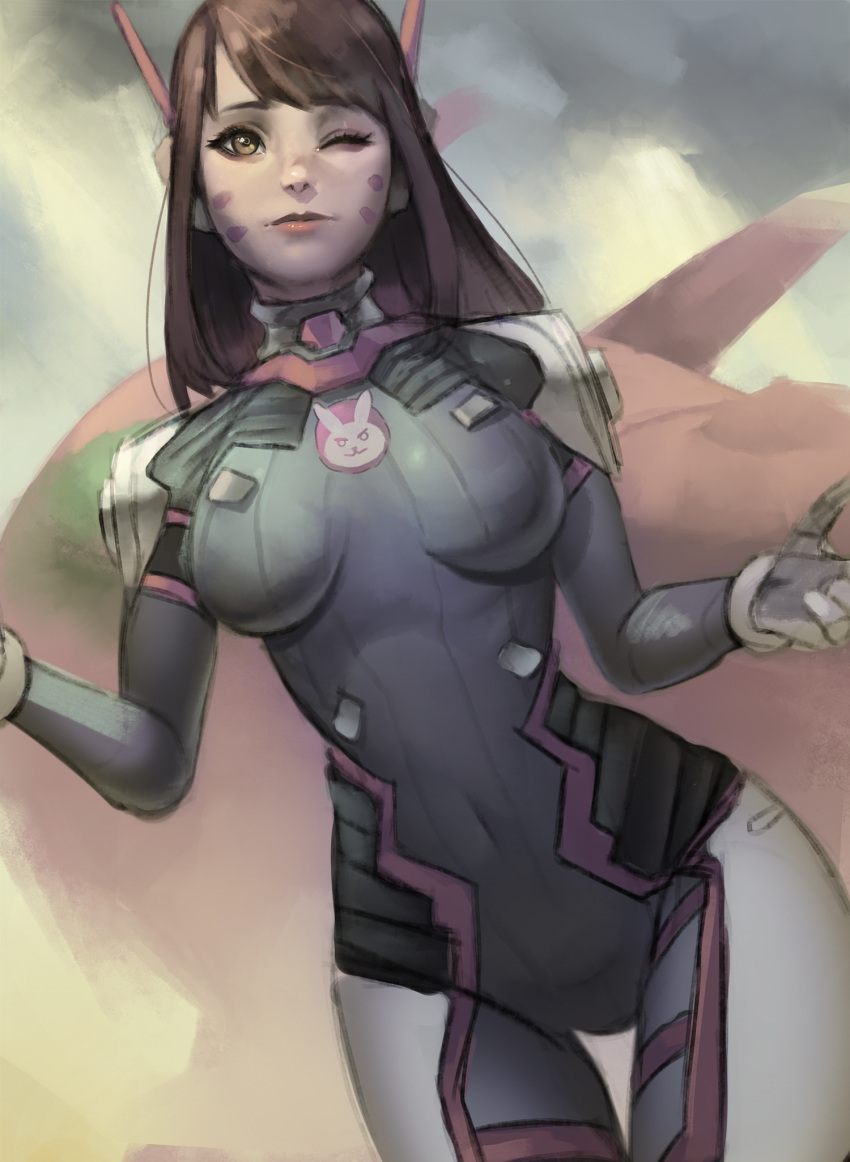 1girl animal_print bangs blue_bodysuit bodysuit breasts breasts_apart brown_eyes brown_hair bunny_print clouds cloudy_sky covered_navel cowboy_shot d.va_(overwatch) day facepaint facial_mark gloves headphones high_collar highres long_hair mecha medium_breasts meka_(overwatch) one_eye_closed outdoors overwatch pilot_suit pink_lips ribbed_bodysuit shoulder_pads skin_tight sky solo swept_bangs thigh_gap whisker_markings white_gloves yeedeea