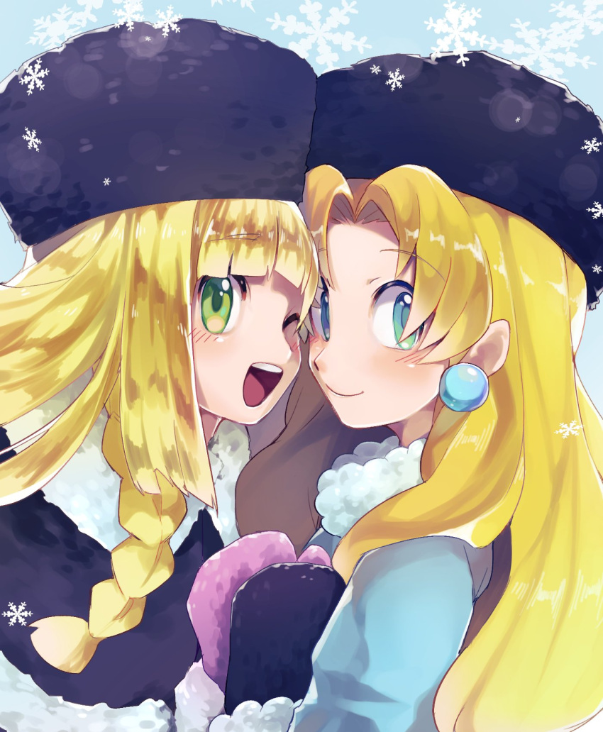 2girls blonde_hair blue_background braid coat crossover earrings fur_hat fur_trim green_eyes hat highres jewelry kalinka_cossack lillie_(pokemon) long_hair mittens multiple_girls one_eye_closed open_mouth pokemon pokemon_(anime) pokemon_sm_(anime) rockman rockman_(classic) simple_background smile snowflakes tkt_mayo winter_clothes winter_coat