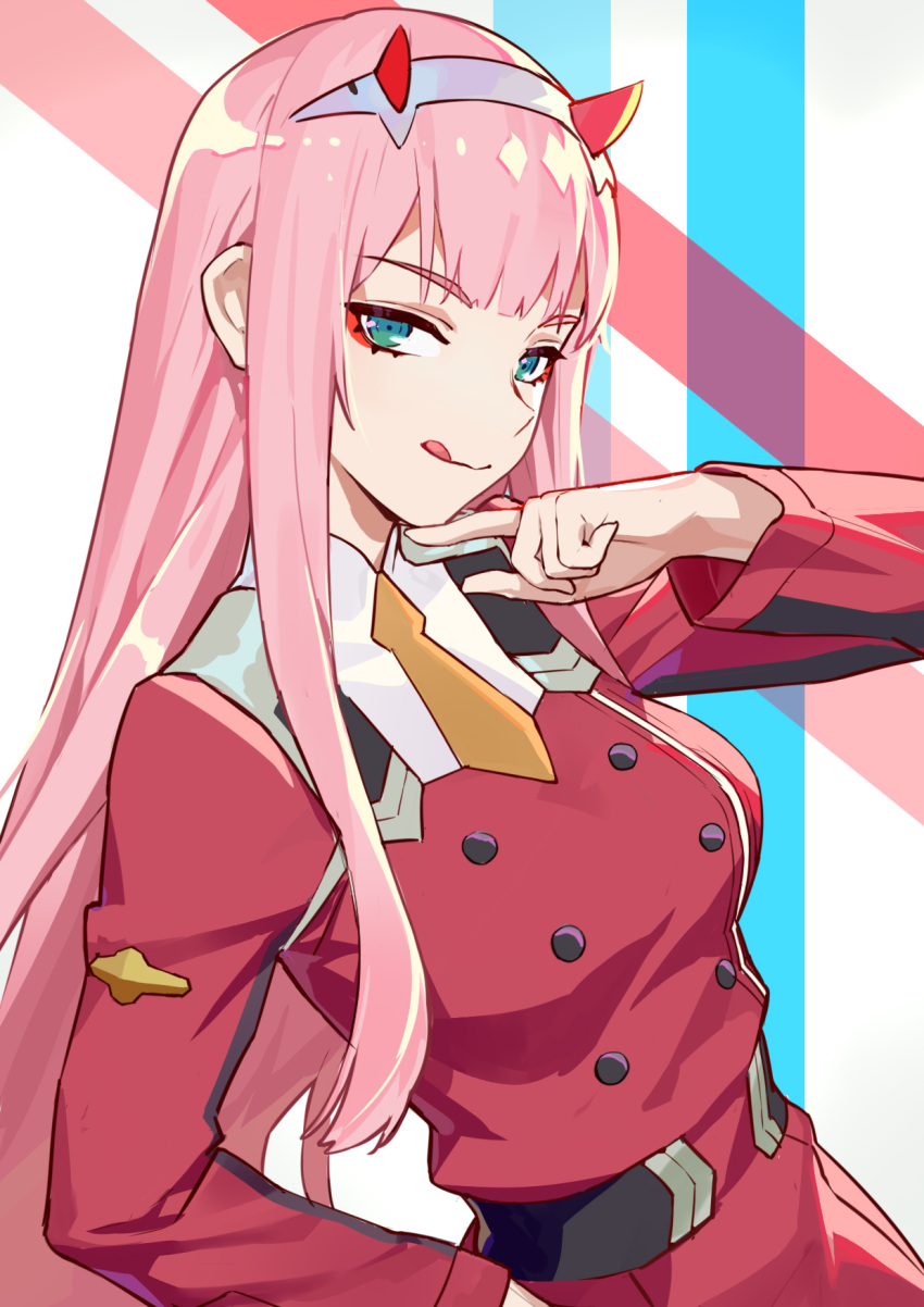 1girl :q aqua_eyes arm_up bangs belt blunt_bangs breasts closed_mouth coat darling_in_the_franxx double-breasted eyeshadow finger_to_chin hairband highres horns jinyuan712 long_hair long_sleeves looking_at_viewer makeup medium_breasts military military_uniform multicolored multicolored_background necktie orange_neckwear red_coat sidelocks smile solo straight_hair tongue tongue_out tsurime uniform upper_body very_long_hair white_hairband zero_two_(darling_in_the_franxx)
