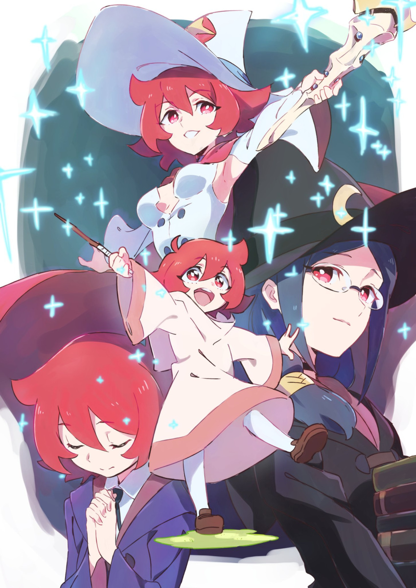 1girl blue_hair boots breasts cape dress glasses hat highres little_witch_academia long_hair open_mouth red_eyes redhead shiny_chariot skirt smile tama uniform ursula_charistes witch witch_hat