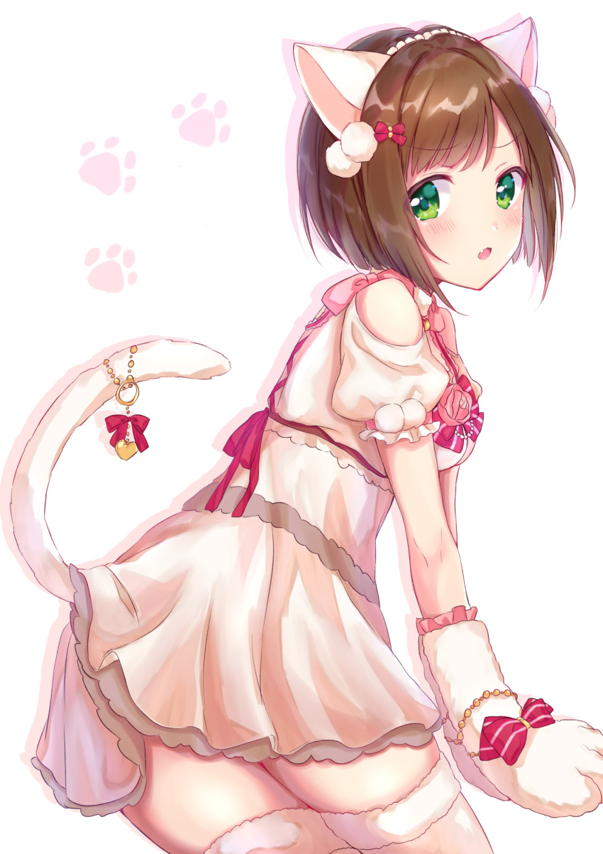 1girl animal_ears anoa bare_shoulders blush bracelet brown_hair cat_ears cat_paws cat_tail commentary_request cowboy_shot dress fake_animal_ears fang green_eyes hair_ornament hairclip highres idolmaster idolmaster_cinderella_girls idolmaster_cinderella_girls_starlight_stage jewelry looking_at_viewer maekawa_miku open_mouth paw_print paws pendant pom_pom_(clothes) red_ribbon ribbon short_hair simple_background solo tail thigh-highs white_background white_legwear