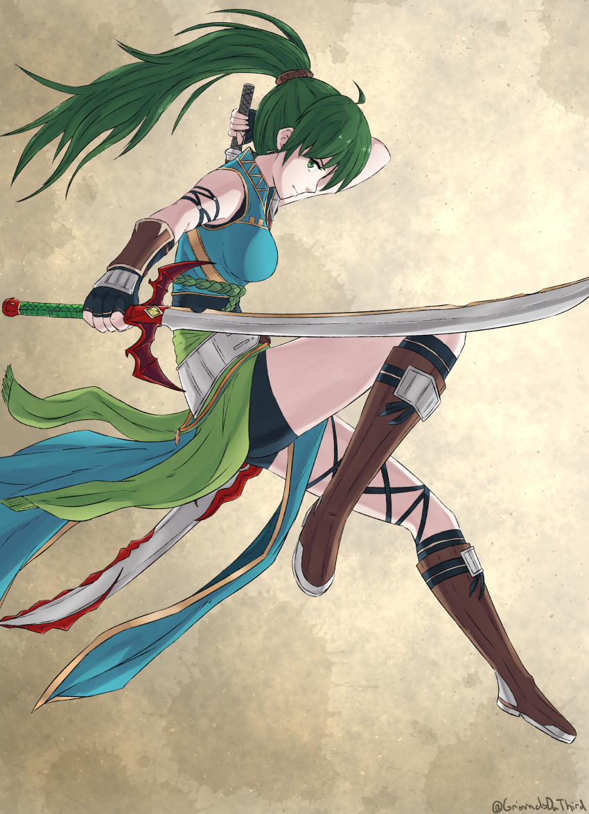 1girl absurdres bike_shorts boots fingerless_gloves fire_emblem fire_emblem:_rekka_no_ken fire_emblem_heroes full_body gloves green_eyes green_hair grimmelsdathird high_ponytail highres holding holding_sword holding_weapon huge_filesize long_hair lyndis_(fire_emblem) ponytail profile serious sleeveless solo sword twitter_username weapon