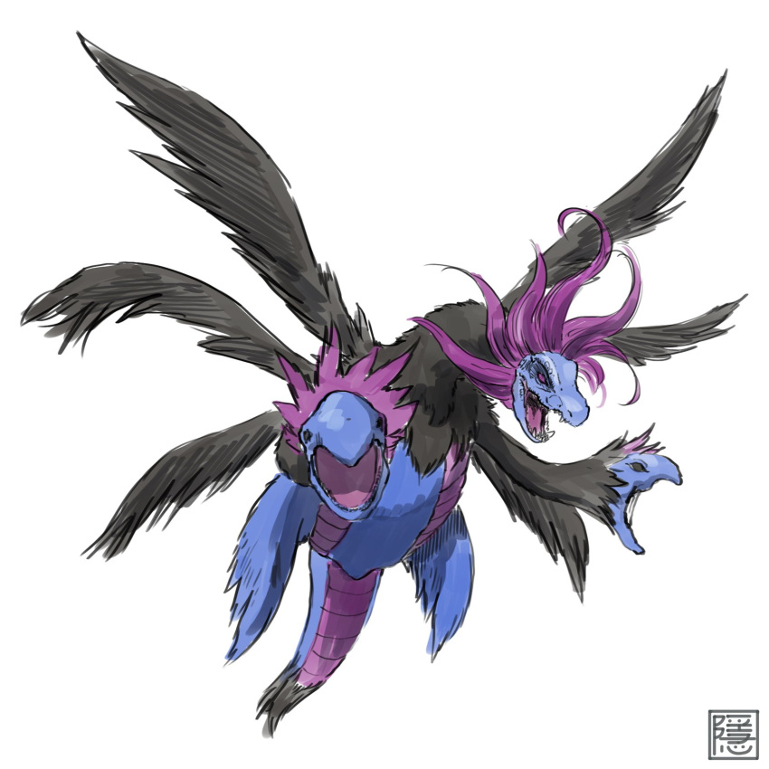 commentary_request flying full_body highres hydreigon multiple_heads no_humans pokemon pokemon_(creature) signature simple_background solo white_background yk_funa