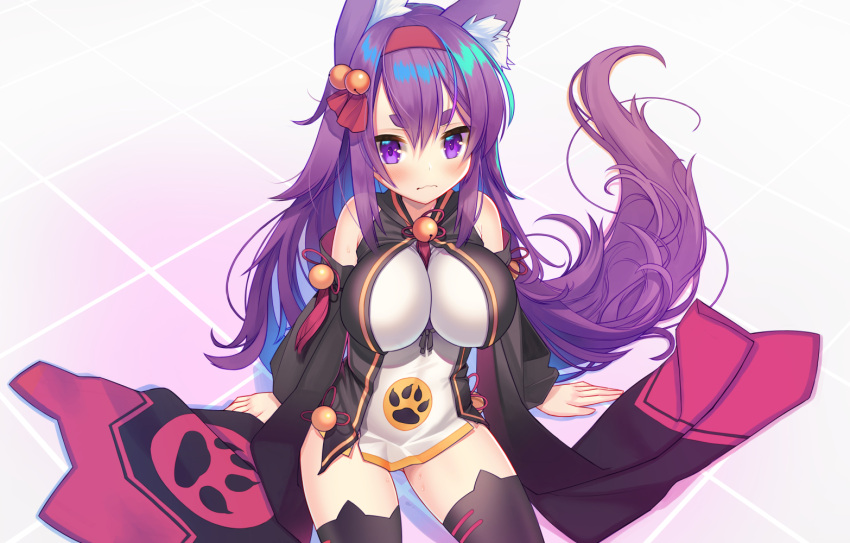 1girl animal_ears at-yui azur_lane bangs bare_shoulders bell black_legwear black_vest blush breasts closed_mouth detached_sleeves dress eyebrows eyebrows_visible_through_hair eyes_visible_through_hair fox_ears fox_tail frown gluteal_fold hair_bell hair_between_eyes hair_ornament hair_ribbon hairband impossible_clothes jingle_bell large_breasts legs_apart long_hair long_sleeves looking_at_viewer microdress open_clothes open_mouth open_vest paw_print purple_hair red_hairband red_ribbon ribbon sitting solo sweat tail tassel thick_eyebrows thigh-highs tsurime urakaze_(azur_lane) vest violet_eyes wavy_mouth white_dress zettai_ryouiki