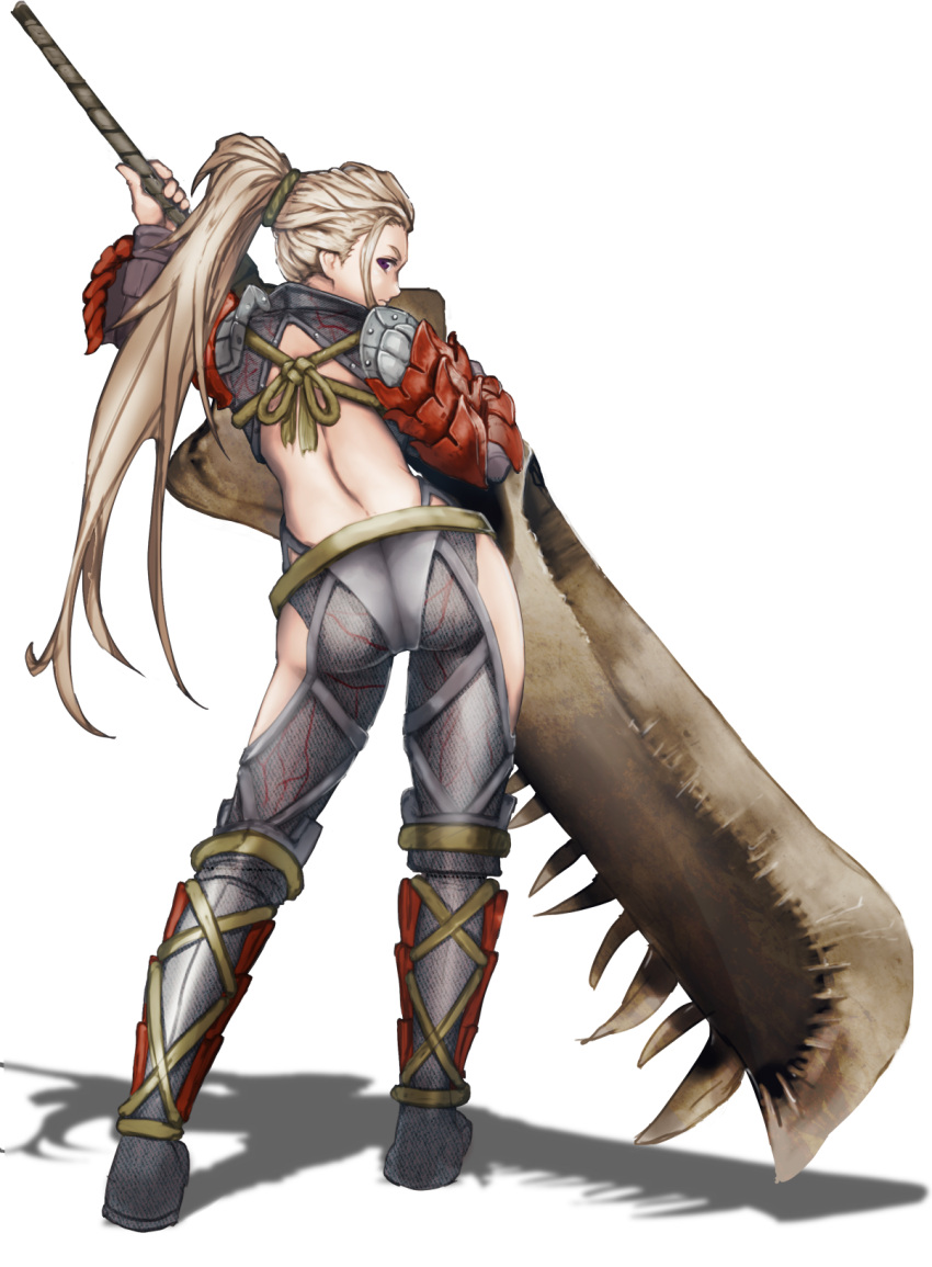 1girl arm_up armor ass back backless_outfit bare_back blonde_hair closed_mouth from_behind full_body greatsword hand_up high_ponytail highres hip_vent holding holding_sword holding_weapon huge_weapon long_hair looking_at_viewer looking_back monster_hunter monster_hunter:_world odogaron_(armor) pants ponytail sakae91 solo spaulders standing sword very_long_hair violet_eyes weapon