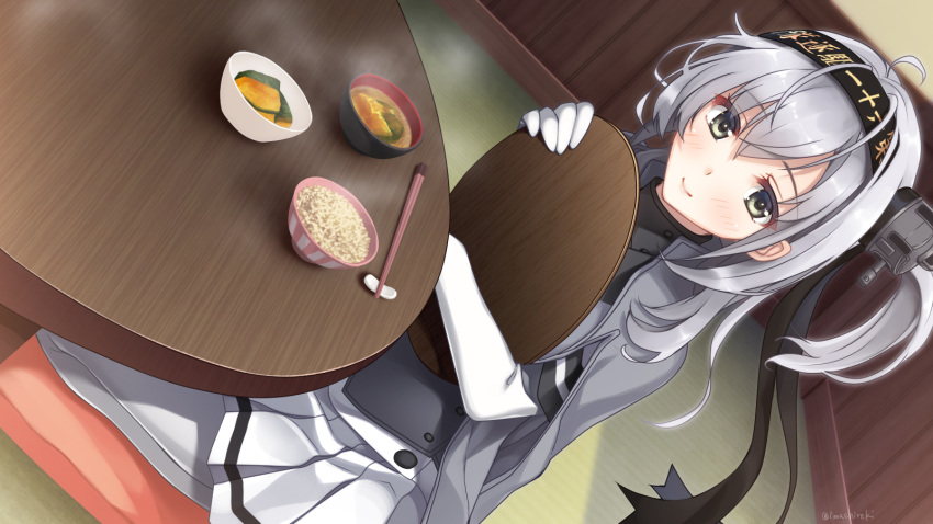 1girl ahoge bangs black_hairband blush closed_mouth clothes_writing corset cushion dutch_angle elbow_gloves eyebrows_visible_through_hair food gloves green_eyes grey_gloves hairband headgear highres holding holding_tray imachireki indoors kantai_collection long_hair looking_at_viewer one_side_up pleated_skirt rice rice_bowl seiza shiny shiny_hair short_sleeves silver_hair sitting skirt smile solo soup steam suzutsuki_(kantai_collection) tatami tray twitter_username white_gloves white_legwear white_skirt