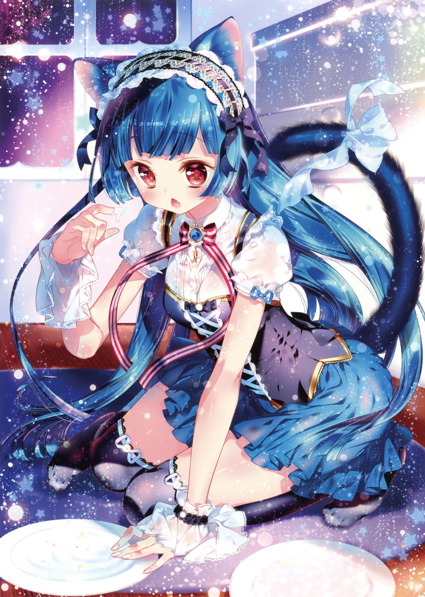 1girl absurdres animal_ears arm_support black_legwear blue_bow blue_hair blue_skirt blush bow cat_ears cat_tail eyebrows_visible_through_hair floating_hair hairband highres indoors kamiya_maneki lolita_hairband long_hair miniskirt open_mouth original pleated_skirt red_eyes short_sleeves sitting skirt solo tail tail_bow thigh-highs very_long_hair wrist_cuffs