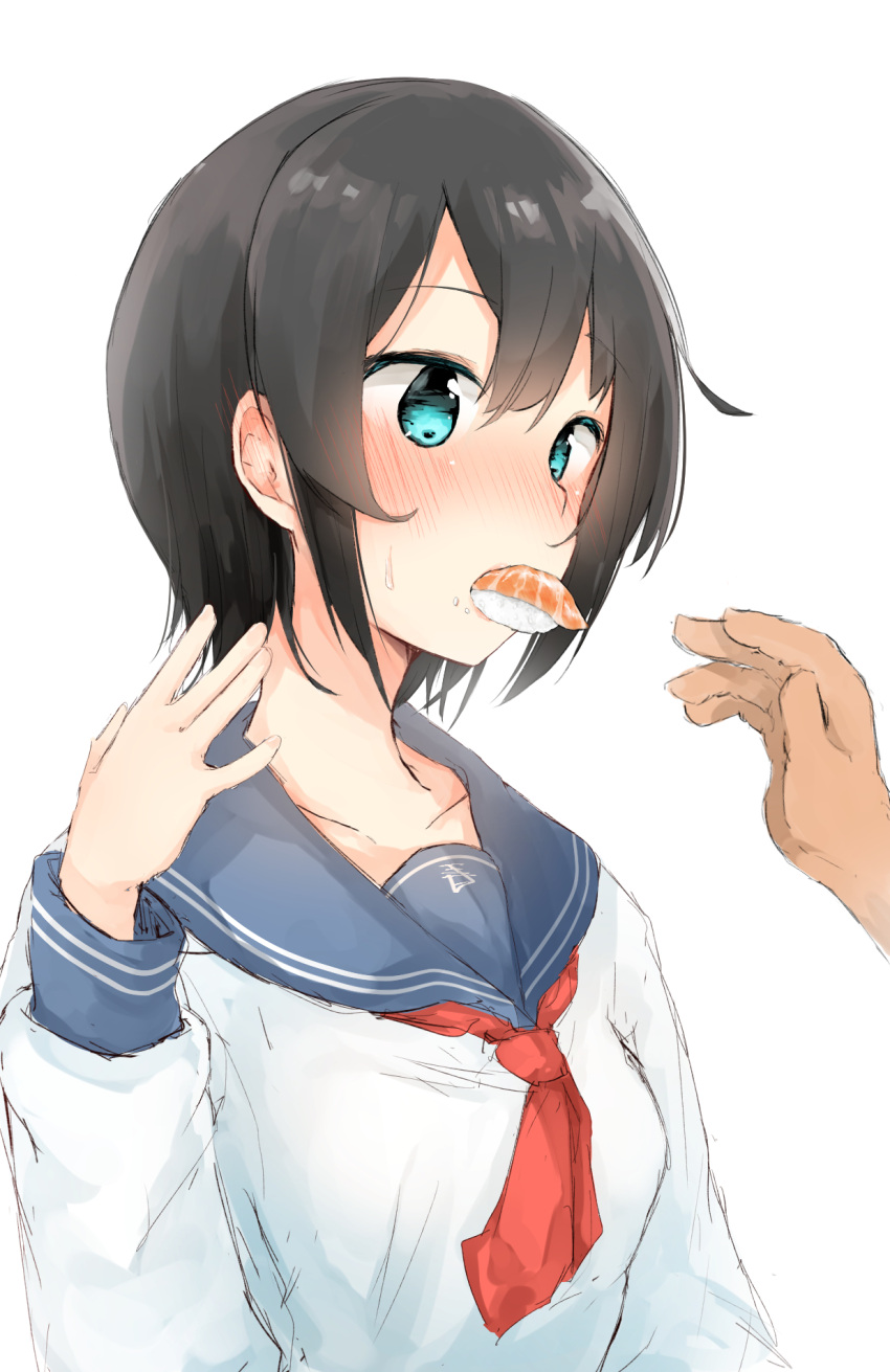 1boy 1girl bangs black_hair blush breasts collarbone commentary_request eyebrows_visible_through_hair food food_in_mouth hair_between_eyes highres long_sleeves looking_away mouth_hold neckerchief nose_blush nosetissue original out_of_frame red_neckwear saliva sashimi school_uniform serafuku shirt sidelocks simple_background sketch small_breasts solo_focus sushi sweat sweatdrop white_background white_shirt