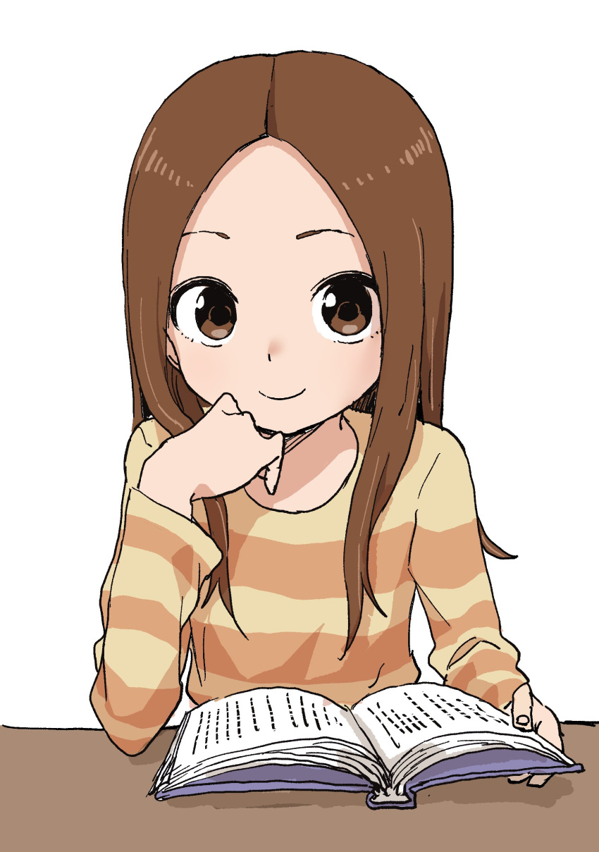 1girl absurdres bangs book brown_eyes brown_hair closed_mouth commentary_request desk hand_on_own_chin highres holding holding_book karakai_jouzu_no_takagi-san long_sleeves looking_at_viewer parted_bangs shirt simple_background sitting smile solo striped striped_shirt takagi-san white_background yamamoto_souichirou