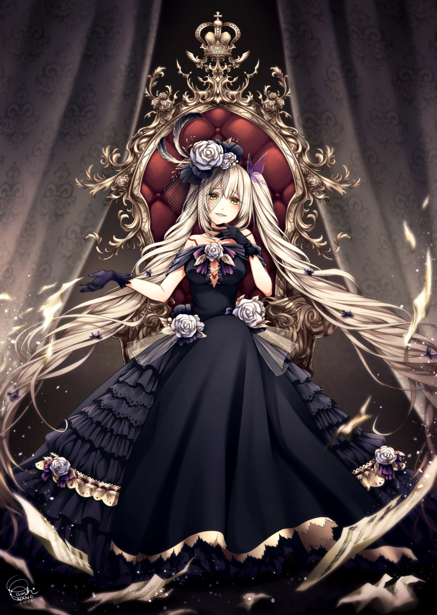 1girl 2018 bambi_nano black_dress black_gloves dark_persona dress eyebrows_visible_through_hair fate/grand_order fate_(series) feathers floating_hair flower gloves hair_between_eyes hair_feathers hair_flower hair_ornament head_tilt highres long_hair looking_at_viewer marie_antoinette_(fate/grand_order) parted_lips signature silver_hair sitting sleeveless sleeveless_dress smile solo very_long_hair white_flower yellow_eyes