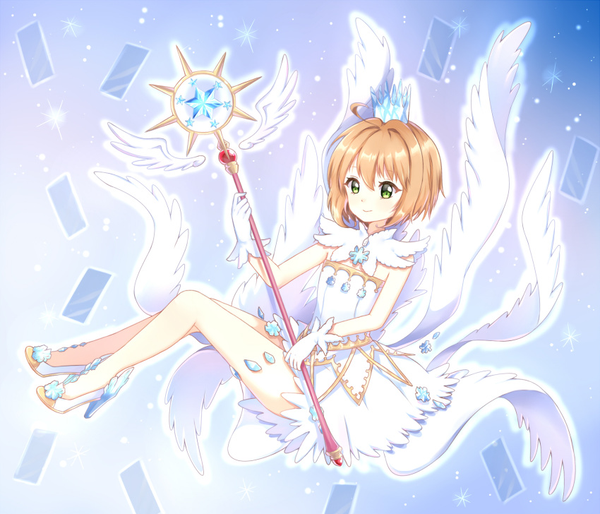 1girl bangs blush card_captor_sakura closed_mouth commentary_request crown dress eyebrows_visible_through_hair feathered_wings full_body gloves green_eyes hair_between_eyes high_heels highres holding holding_staff kinomoto_sakura light_(luxiao_deng) light_brown_hair looking_at_viewer mini_crown multiple_wings short_hair sleeveless sleeveless_dress smile solo staff white_dress white_footwear white_gloves white_wings wings yume_no_tsue