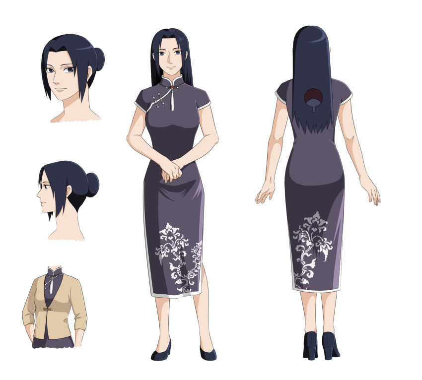 1girl black_hair blue_eyes china_dress chinese_clothes dress high_heels highres long_hair naruto shi_gong side_slit solo uchiha_mikoto