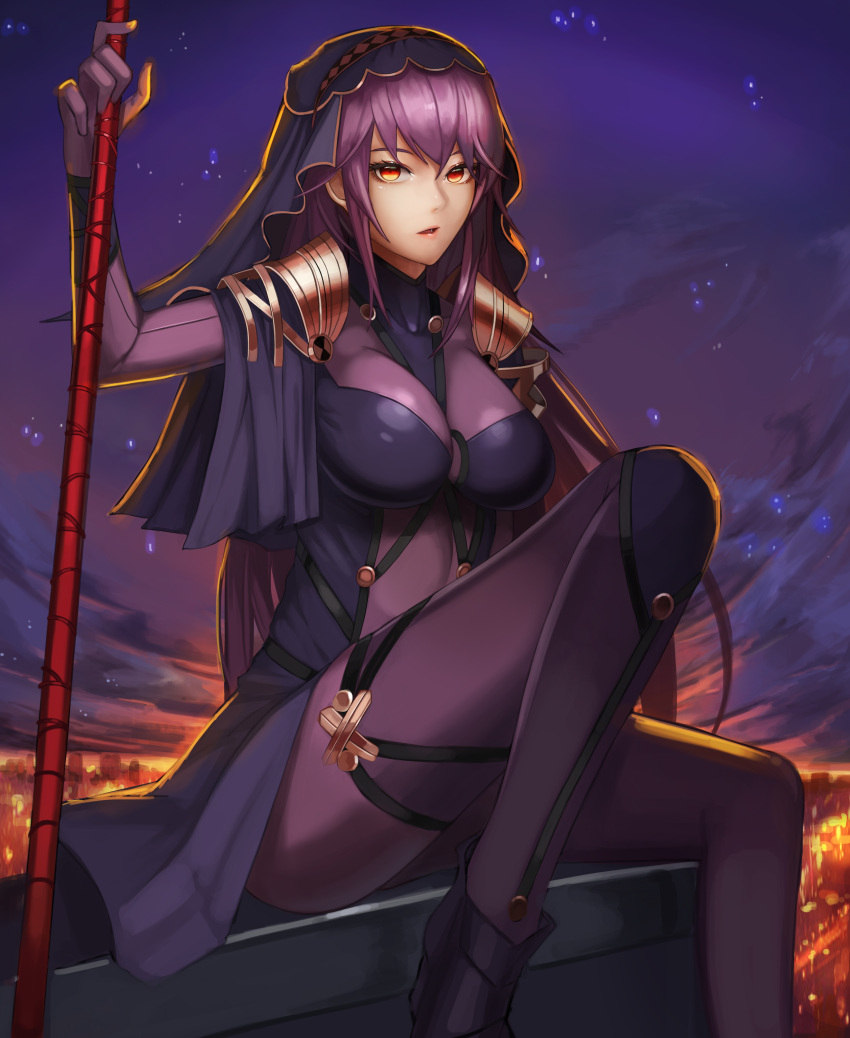 1girl absurdres armor bent_knees bikini bodysuit breasts cityscape covered_navel drk100 fate/grand_order fate_(series) gae_bolg highres holding holding_weapon large_breasts long_hair looking_at_viewer night pauldrons polearm purple_bikini purple_bodysuit purple_hair red_eyes scathach_(fate/grand_order) shoulder_armor sitting sky spear star_(sky) starry_sky swimsuit thighs veil weapon