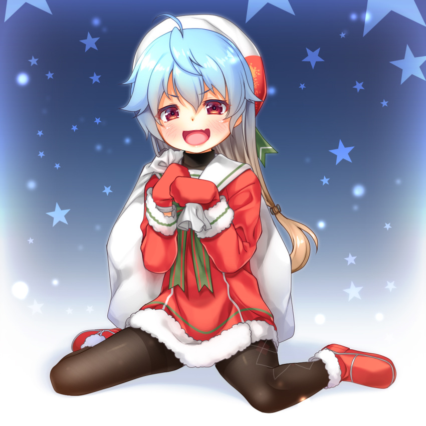 1girl alternate_costume blonde_hair blue_hair boots brown_eyes brown_legwear coat dress gloves gradient_hair green_neckwear hat highres imachireki kantai_collection multicolored_hair open_mouth pantyhose red_coat red_dress red_eyes red_mittens sack sado_(kantai_collection) santa_costume santa_hat short_hair sitting smile solo white_gloves