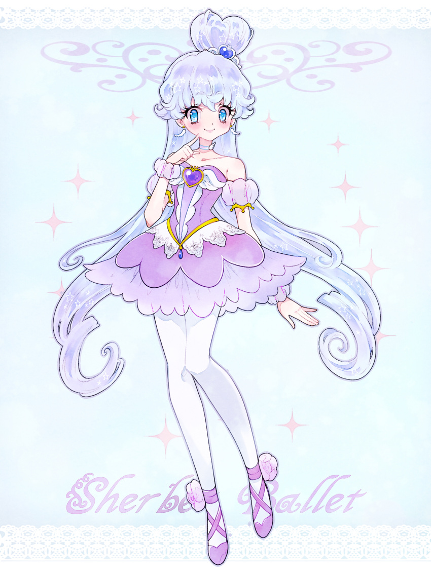 1girl blue_eyes blue_hair choker closed_mouth collarbone cure_princess dress full_body hair_bun happinesscharge_precure! highres legs long_hair looking_at_viewer magical_girl nene_(oneoneo13) pantyhose precure purple_dress purple_footwear sherbet_ballet shirayuki_hime shoes smile solo white_legwear wrist_cuffs