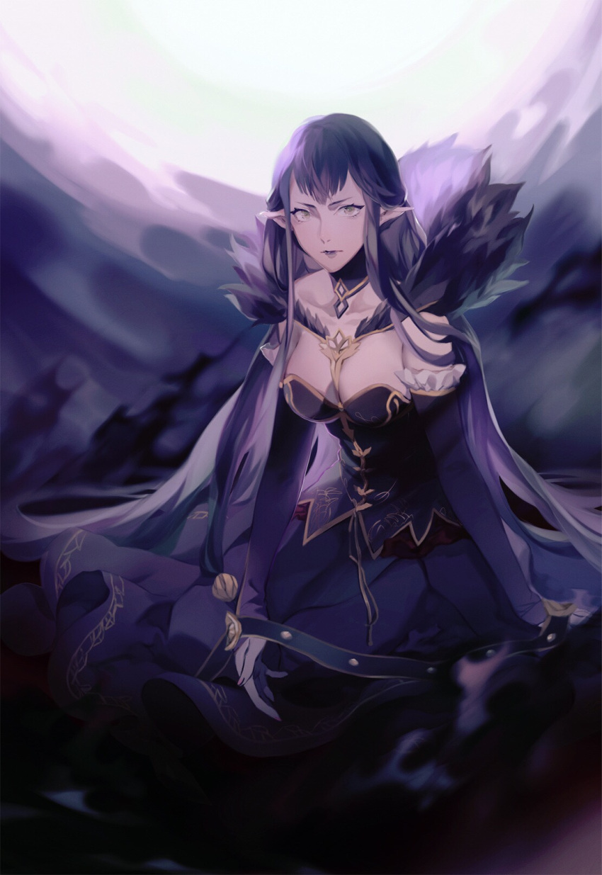 1girl bare_shoulders black_dress black_hair breasts cleavage daiqingqing_hen_yuyue detached_sleeves dress fate/apocrypha fate/grand_order fate_(series) flowing_dress fur_trim highres large_breasts long_hair pointy_ears semiramis_(fate) solo strap very_long_hair yellow_eyes