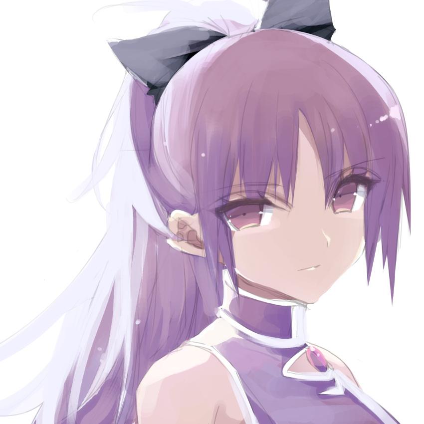 1girl absurdres armpit_crease bare_shoulders black_bow bow closed_mouth commentary_request ears_visible_through_hair eyebrows_visible_through_hair gem hair_between_eyes hair_bow highres jewelry long_hair looking_at_viewer mahou_shoujo_madoka_magica misteor purple_hair sakura_kyouko solo violet_eyes white_background