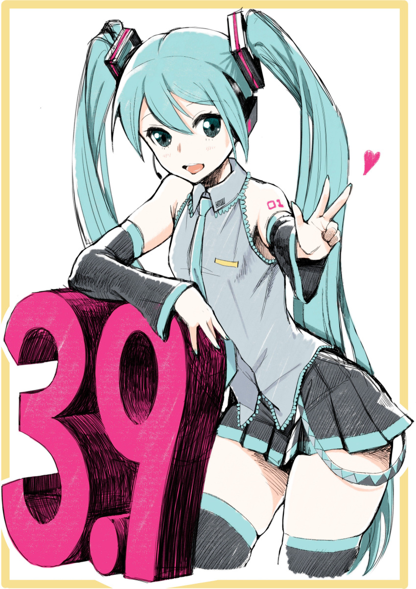 1girl :d absurdres bangs bare_shoulders black_legwear black_skirt blue_eyes blue_hair collared_vest commentary_request contrapposto detached_sleeves earphones eyebrows_visible_through_hair grey_vest hair_between_eyes hand_up hatsune_miku highres long_hair microphone open_mouth pleated_skirt saruchitan shoulder_tattoo simple_background skirt smile solo standing tattoo thigh-highs twintails twintails_day very_long_hair vest vocaloid w white_background wing_collar