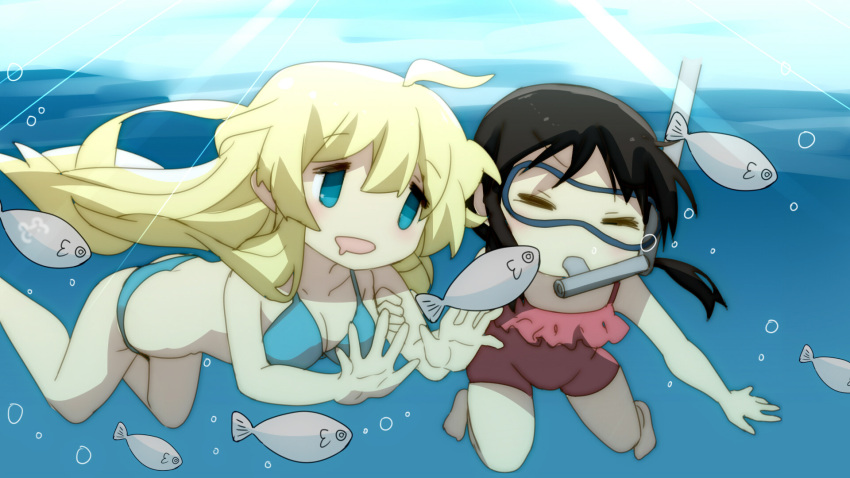 2girls ahoge animal bangs bikini bison_cangshu black_hair blonde_hair blue_bikini blue_eyes brown_swimsuit casual_one-piece_swimsuit chito_(shoujo_shuumatsu_ryokou) closed_eyes diving_mask diving_mask_on_eyes eyebrows_visible_through_hair fish hair_between_eyes highres long_hair low_twintails multiple_girls one-piece_swimsuit shoujo_shuumatsu_ryokou snorkel snorkel_in_mouth swimsuit twintails underwater very_long_hair yuuri_(shoujo_shuumatsu_ryokou)