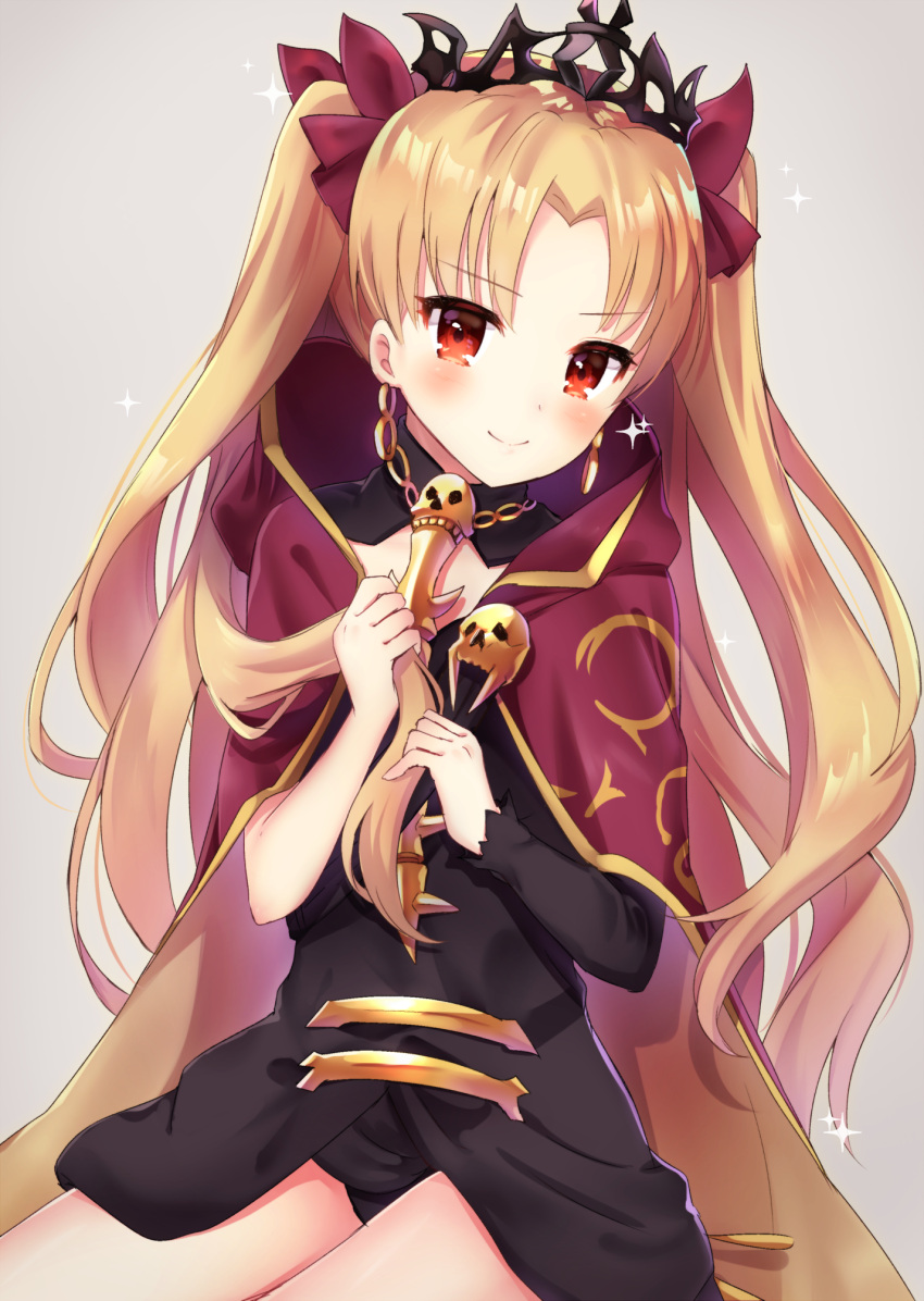 1girl amu_(mokopopo) blonde_hair blush cape earrings ereshkigal_(fate/grand_order) fate/grand_order fate_(series) hair_ribbon head_tilt highres jewelry long_hair looking_at_viewer red_cape red_eyes red_ribbon ribbon single_sleeve skull smile solo spine tiara two_side_up