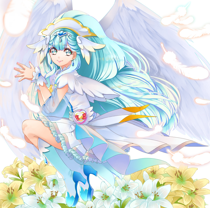 1girl absurdres blue_eyes blue_footwear blue_hair boots closed_mouth cure_ange dress feathered_wings feathers flower full_body hair_ornament head_wings highres hugtto!_precure knee_boots lily_(flower) long_hair looking_at_viewer magical_girl own_hands_together precure smile solo white_dress white_wings wings wrist_cuffs yakushiji_saaya yuutarou_(fukiiincho)