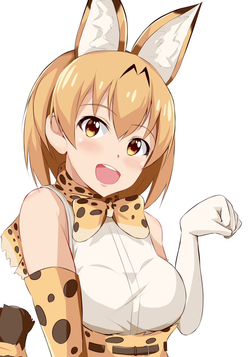 1girl :d absurdres animal_ears bare_shoulders blonde_hair bow bowtie breasts brown_eyes elbow_gloves extra_ears gloves head_tilt high-waist_skirt highres kemono_friends looking_at_viewer medium_breasts nemo_1988 open_mouth paw_pose serval_(kemono_friends) serval_ears serval_print serval_tail shirt short_hair simple_background skirt sleeveless sleeveless_shirt smile solo tail tareme tray upper_body white_background white_shirt