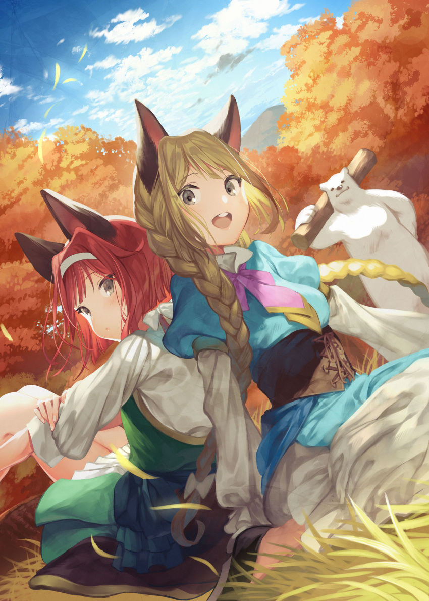 2girls animal_ears autumn bear black_eyes blonde_hair braid clouds corset dutch_angle forest grass headband highres kururi log long_hair looking_at_viewer looking_to_the_side mountain multiple_girls nature official_art open_mouth redhead seiza shirokuma_tensei short_hair sitting skirt sky smile tree twin_braids