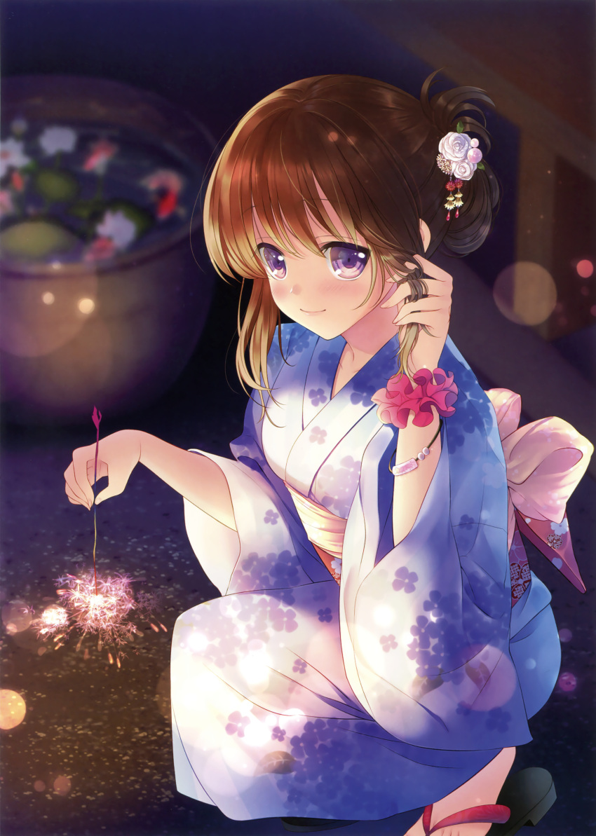 1girl absurdres artist_request blue_kimono blush bracelet brown_hair floral_print flower hair_between_eyes hair_flower hair_ornament hand_in_hair highres holding japanese_clothes jewelry kimono night original outdoors red_scrunchie scrunchie short_hair_with_long_locks sidelocks smile solo squatting violet_eyes white_flower wrist_scrunchie yukata