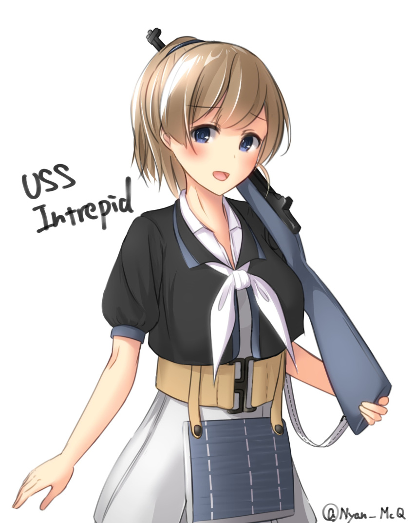 1girl absurdres belt black_shirt blue_eyes character_name commentary_request cowboy_shot flight_deck gun highres intrepid_(kantai_collection) kantai_collection looking_at_viewer m1903_springfield nyan_(reinyan_007) open_mouth ponytail rifle shirt short_hair simple_background skirt sling_(weapon) smile solo twitter_username weapon white_background white_skirt