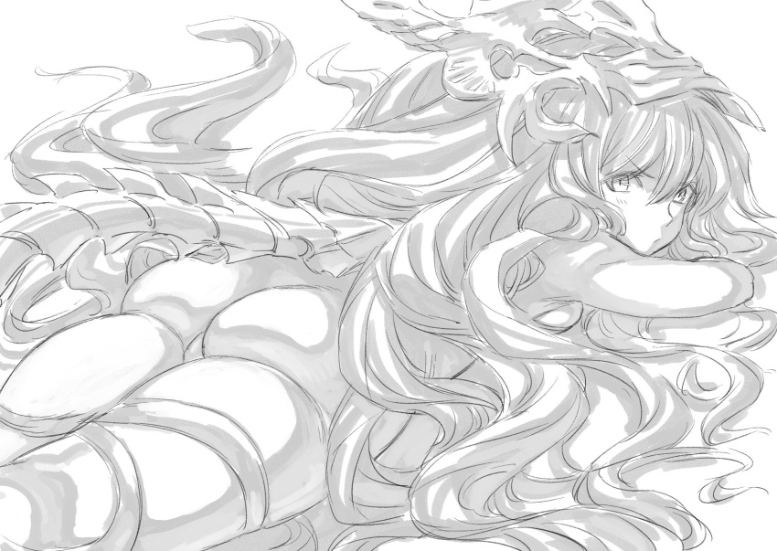 1girl ass bodysuit curly_hair from_behind granblue_fantasy greyscale highres long_hair looking_at_viewer lying medusa_(shingeki_no_bahamut) monochrome on_stomach scowl shingeki_no_bahamut simple_background solo tail toriudonda very_long_hair