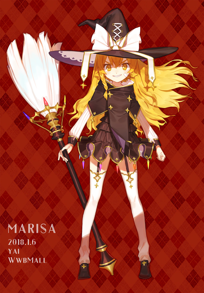1girl alternate_costume artist_name bangs black_capelet black_footwear black_hat black_skirt blonde_hair blush braid broom capelet character_name commentary_request dated dress eyebrows_visible_through_hair facial_mark garter_straps grin hair_between_eyes hat highres holding holding_broom kirisame_marisa long_hair long_sleeves looking_at_viewer plaid plaid_background pleated_skirt red_background shoes skirt smile solo star thigh-highs touhou v-shaped_eyebrows very_long_hair white_legwear witch_hat yai_(hachihito) yellow_eyes