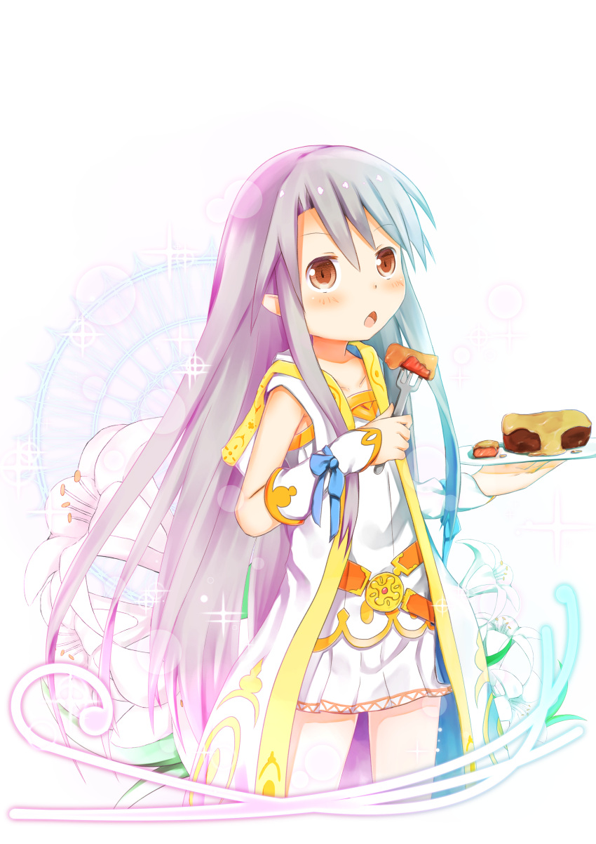 1girl absurdres bangs blush brown_hair collarbone commentary_request detached_sleeves dress eyebrows_visible_through_hair flower food fork gradient_hair hair_between_eyes highres holding holding_fork holding_plate long_hair multicolored_hair open_mouth original plate pointy_ears purple_hair silver_hair sleeveless sleeves_past_wrists solo sparkle su_guryu very_long_hair white_background white_dress white_flower