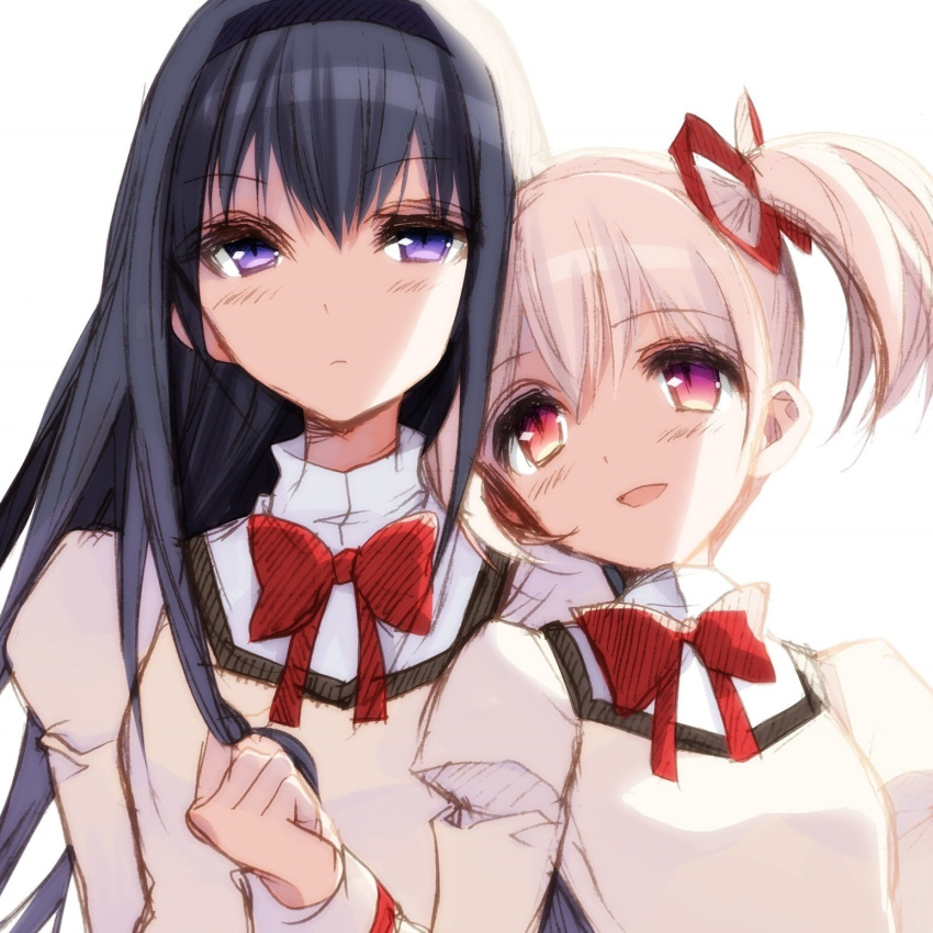 2girls akemi_homura arm_up arms_at_sides black_hair black_hairband blonde_hair blue_eyes blush blush_stickers bow bowtie brown_eyes closed_mouth commentary_request cropped_torso ears_visible_through_hair eyebrows_visible_through_hair hair_between_eyes hair_ribbon hairband highres kaname_madoka long_hair looking_at_viewer mahou_shoujo_madoka_magica misteor multicolored multicolored_clothes multiple_girls open_mouth red_bow red_ribbon ribbon short_hair short_sleeves tied_hair white_background