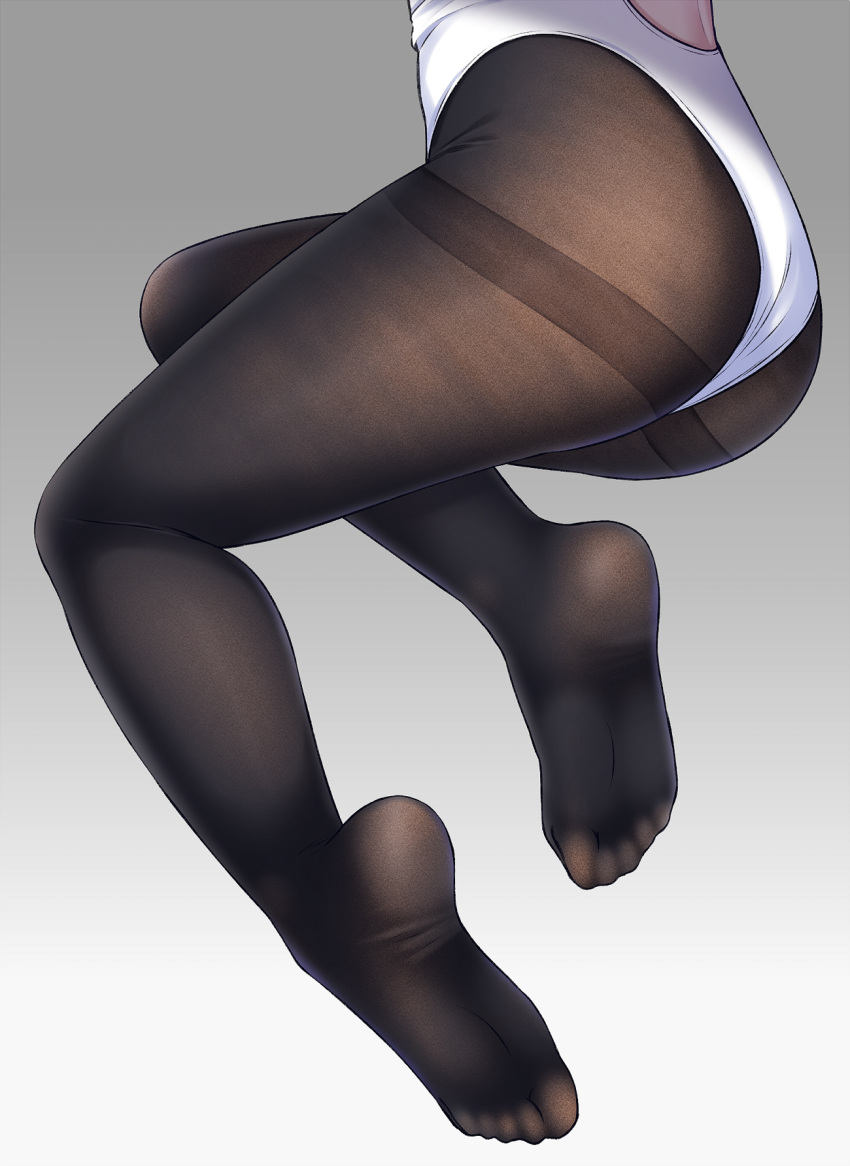 1girl ass black_legwear commentary_request feet fine_fabric_emphasis gradient gradient_background grey_background gurande_(g-size) head_out_of_frame highres leotard lower_body original pantyhose soles solo thighband_pantyhose white_leotard