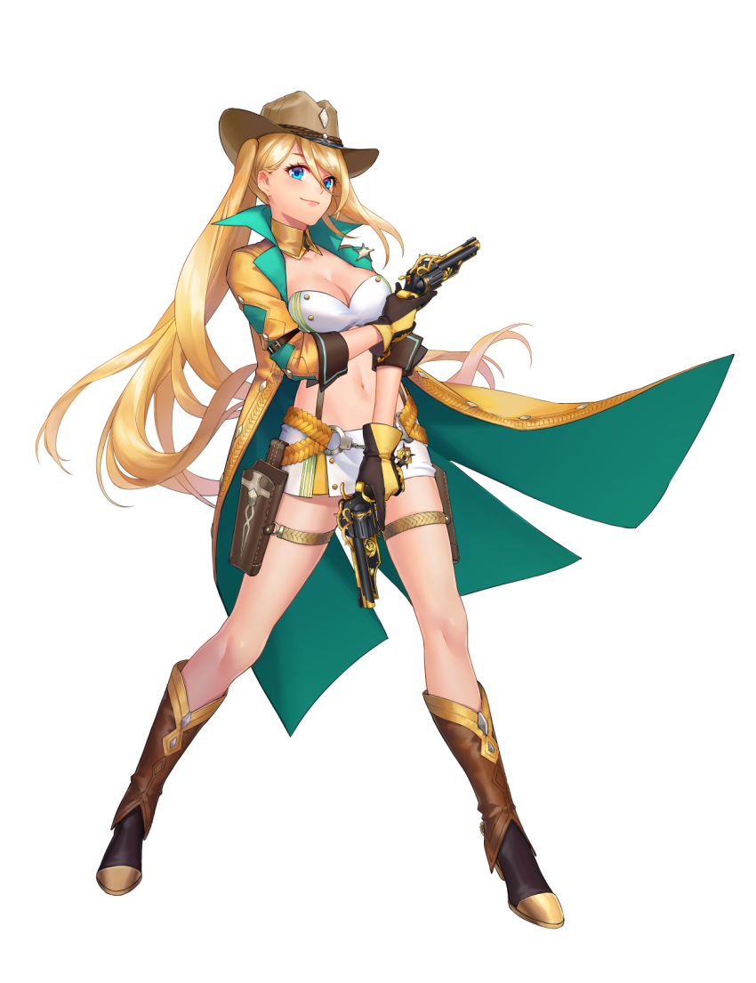 1girl artist_request bangs blonde_hair blue_eyes boots breasts cleavage coat cowboy_hat cuffs detached_collar dual_wielding eyebrows_visible_through_hair full_body gloves gun handcuffs handgun hat highres holster lips long_coat long_hair looking_at_viewer medium_breasts midriff miniskirt navel official_art revolver sheriff_badge skirt sleeves_rolled_up smile solo tenshi_mikadokuni transparent_background trigger_discipline twintails weapon