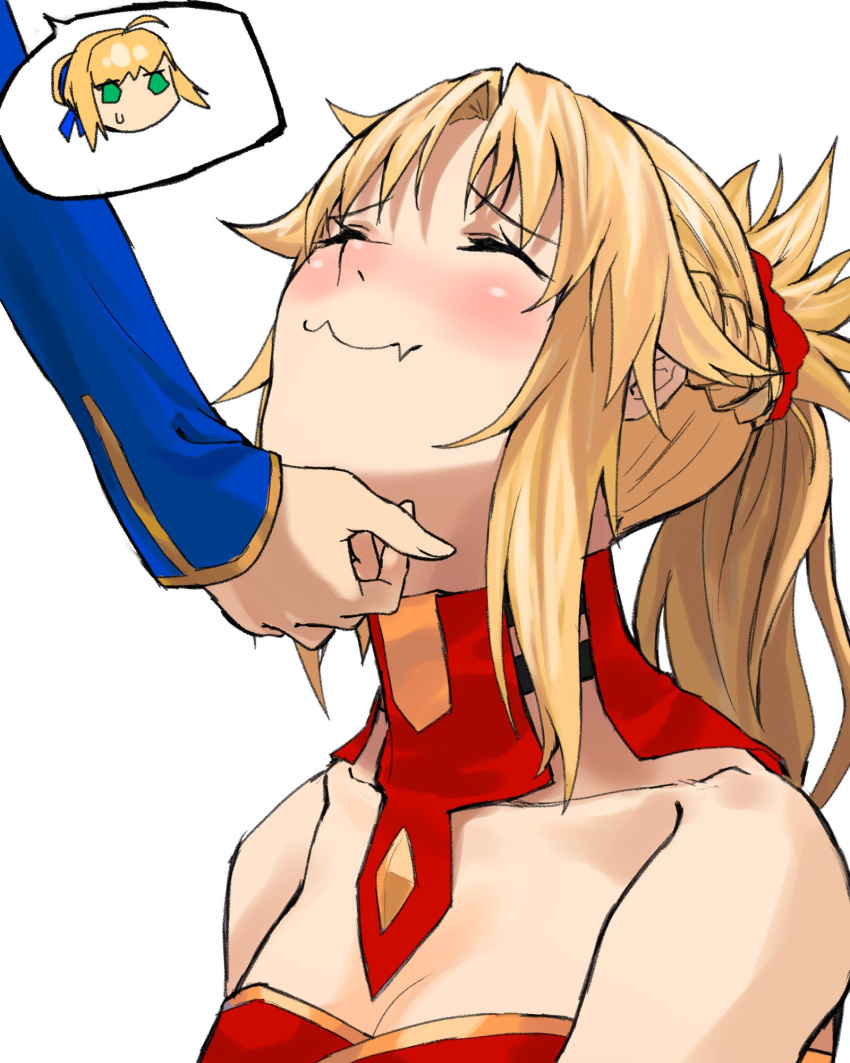 2girls ^_^ ahoge artoria_pendragon_(all) bangs blonde_hair blush chibi_inset chin_tickle closed_eyes collarbone detached_collar fang_out fate/apocrypha fate/grand_order fate_(series) high_ponytail highres long_hair mordred_(fate) mordred_(fate)_(all) multiple_girls out_of_frame parted_bangs red_scrunchie saber simple_background smile speech_bubble sweatdrop upper_body white_background zonotaida