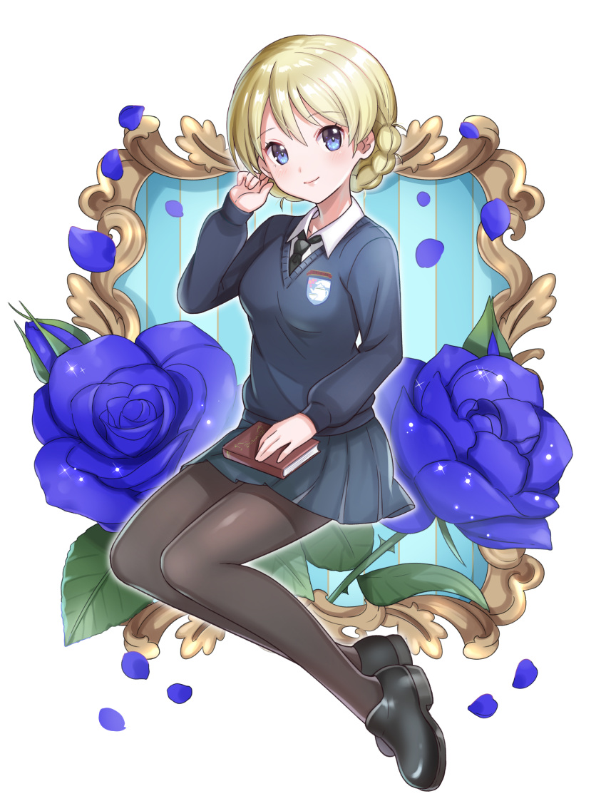 1girl absurdres bangs black_footwear black_legwear black_neckwear blonde_hair blue_eyes blue_flower blue_rose blue_skirt blue_sweater book braid closed_mouth commentary_request darjeeling dress_shirt emblem eyebrows_visible_through_hair flower full_body girls_und_panzer hand_in_hair highres holding holding_book invisible_chair kakuzatou_(boxxxsugar) loafers long_sleeves looking_at_viewer miniskirt necktie pantyhose pleated_skirt rose school_uniform shirt shoes short_hair sitting skirt smile solo st._gloriana's_(emblem) st._gloriana's_school_uniform striped sweater tied_hair twin_braids v-neck vertical_stripes white_shirt wing_collar