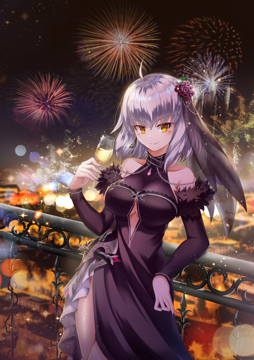1girl absurdres ahoge alcohol bangs bare_shoulders black_dress blurry blurry_background blush bokeh breasts chains champagne cityscape cowboy_shot depth_of_field detached_sleeves dress earrings eyebrows_visible_through_hair fate/grand_order fate_(series) fireworks flower fur_trim glass hair_flower hair_ornament halter_dress highres holding jeanne_d'arc_(alter)_(fate) jeanne_d'arc_(fate)_(all) jewelry leaning_against_railing lens_flare light_particles looking_at_viewer night nokmal shiny shiny_hair shiny_skin short_hair side_slit sidelocks smile standing thighs veil white_hair yellow_eyes