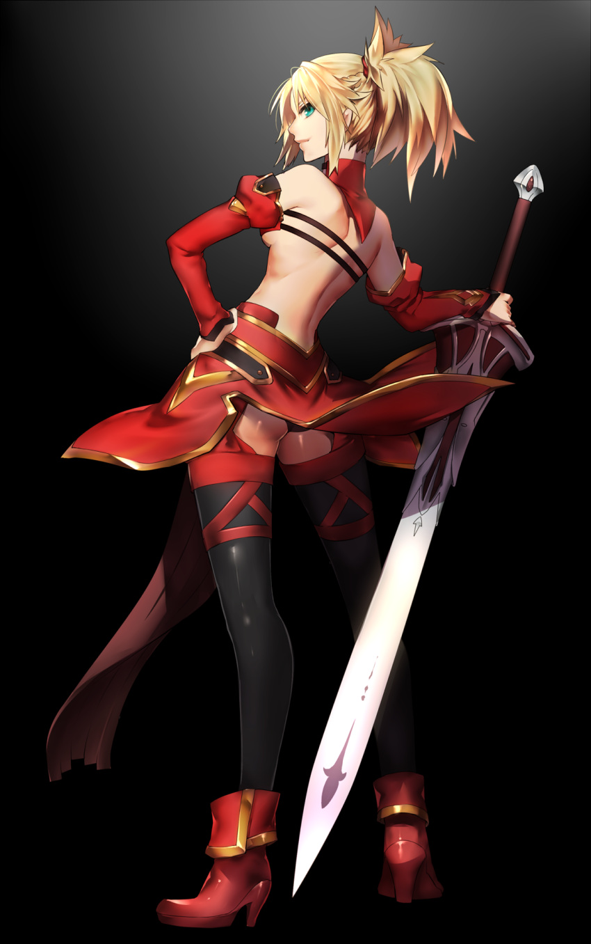 blonde_hair green_eyes long_hair red_saber warrior