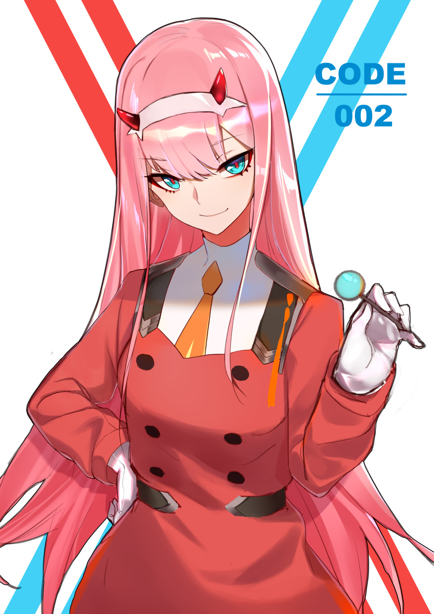 1girl absurdres bangs candy closed_mouth darling_in_the_franxx dress eyebrows_visible_through_hair eyeshadow food gloves hairband hand_on_hip highres holding holding_food horns lollipop long_hair long_sleeves looking_at_viewer makeup military military_uniform qingli_green red_dress shiny shiny_hair smile straight_hair tsurime uniform upper_body very_long_hair white_gloves white_hairband zero_two_(darling_in_the_franxx)