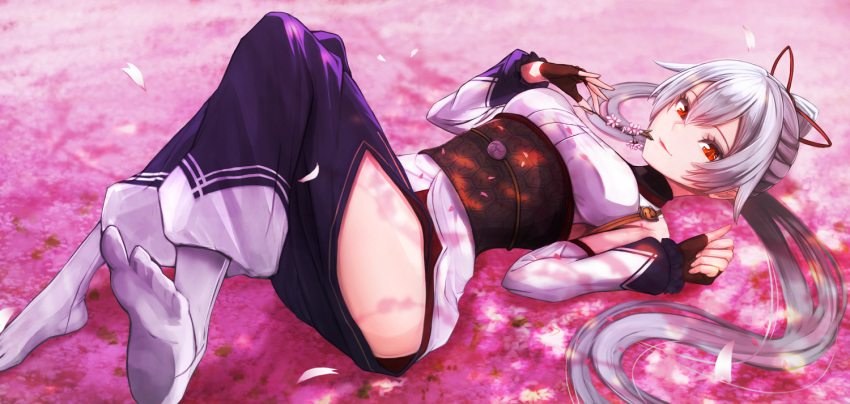 1girl announ_(kurotya) blue_hakama breasts cherry_blossoms detached_sleeves fate/grand_order fate_(series) hair_ribbon hakama hip_vent japanese_clothes kimono long_hair looking_at_viewer lying medium_breasts obi on_back petals ponytail red_eyes ribbon sash short_kimono silver_hair slit_pupils socks solo tabi tomoe_gozen_(fate/grand_order) white_kimono