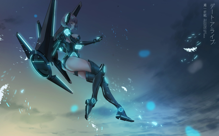 1girl 824314 absurdres armor armored_boots ass bent_knee blue_eyes boots breasts character_name clouds cloudy_sky copyright_name date_a_live evening flying from_side full_body gloves glowing_armor headgear highres legs_together leotard looking_at_viewer mechanical_wings medium_breasts outdoors reflective_eyes short_hair silver_hair sky solo thigh-highs thigh_boots thighs tobiichi_origami wings
