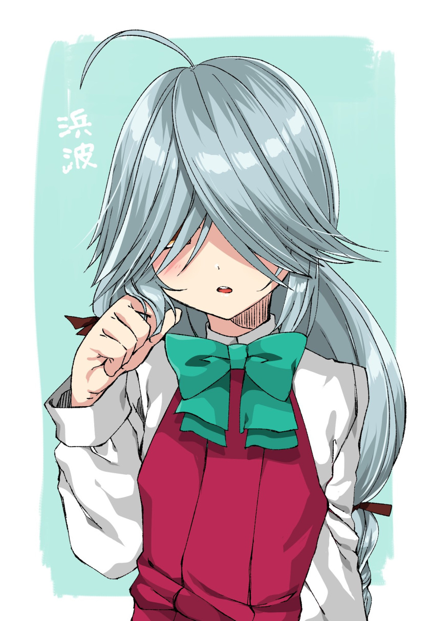 1girl blue_neckwear braid brown_eyes dress grey_hair hair_over_eyes hair_ribbon hamanami_(kantai_collection) highres kantai_collection long_hair long_sleeves minamikuru open_mouth playing_with_own_hair purple_dress ribbon school_uniform shirt single_braid sleeveless sleeveless_dress solo white_shirt