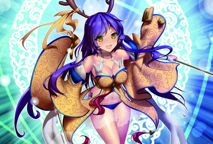 1girl bangs bare_shoulders belly blue_hair blue_panties blush breasts bridal_gauntlets character_request cleavage collarbone commentary_request cowboy_shot detached_sleeves dual_wielding eyebrows_visible_through_hair halterneck highres holding holding_weapon horns kekkaishi long_hair long_sleeves navel open_mouth original panties ribbon standing thigh_gap underwear veil weapon wide_sleeves yellow_eyes youkai zha_zha_que