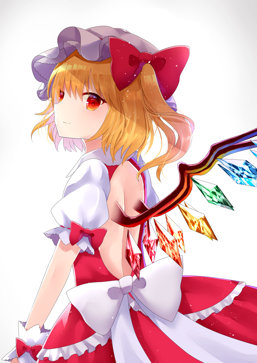 1girl absurdres back back_cutout backless_outfit blonde_hair bow closed_mouth crystal dress flandre_scarlet frilled_dress frills from_behind hair_bow hat highres layered_dress looking_at_viewer looking_back mob_cap one_side_up open-back_dress puffy_nipples puffy_short_sleeves puffy_sleeves red_bow red_dress sakipsakip short_hair short_sleeves simple_background smile solo touhou upper_body white_background white_bow white_hat wings wrist_cuffs