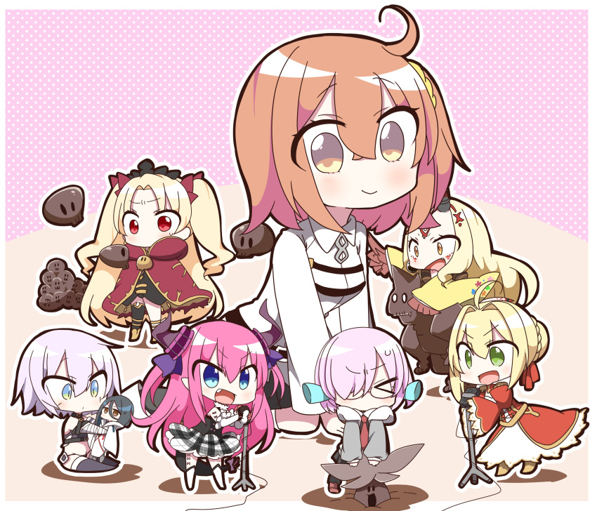 &gt;_&lt; 6+girls :d absurdres arm_support bangs black_dress black_hair black_legwear black_panties black_shirt black_skirt blonde_hair blue_eyes blush bow braid brown_eyes brown_hair cape chaldea_uniform character_request chibi closed_eyes closed_mouth commentary_request curled_horns detached_sleeves dragon_girl dragon_horns dragon_tail dress elizabeth_bathory_(fate) elizabeth_bathory_(fate)_(all) epaulettes ereshkigal_(fate/grand_order) eyebrows_visible_through_hair facial_mark facial_scar fang fate/extra fate/extra_ccc fate/grand_order fate_(series) floral_print fujimaru_ritsuka_(female) glasses green_eyes grey_hoodie hair_between_eyes hair_bow hair_bun hair_ornament hair_over_one_eye hair_ribbon hair_scrunchie highres holding holding_microphone hood hood_down hoodie horns ibaraki_douji_(fate/grand_order) jack_the_ripper_(fate/apocrypha) jacket jako_(jakoo21) japanese_clothes juliet_sleeves kimono long_hair long_sleeves mash_kyrielight microphone microphone_stand multiple_girls necktie nero_claudius_(fate) nero_claudius_(fate)_(all) no_mouth oni oni_horns open_clothes open_hoodie open_mouth panties pantyhose parted_bangs pink_hair pleated_dress pleated_skirt polka_dot polka_dot_background print_kimono puffy_sleeves purple_ribbon red_bow red_cape red_dress red_eyes red_neckwear ribbon scar scar_across_eye scar_on_cheek scrunchie shirt short_hair side_ponytail silver_hair single_thighhigh sitting skirt skull sleeveless sleeveless_shirt smile standing sweat tail thigh-highs tiara two_side_up underwear uniform v-shaped_eyebrows very_long_hair white_jacket wide_sleeves yellow_kimono yellow_scrunchie